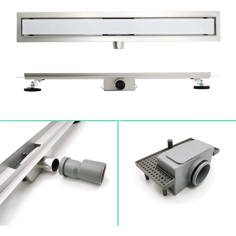 ELBE® Duschrinne Edelstahl, Weißglass, mit Siphon und Haarsieb, Geruchsstop, Bodenablauf flach, Komplettset mit Bodenbefestigung