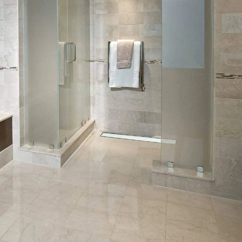 ELBE® Duschrinne Edelstahl, Weißglass, mit Siphon und Haarsieb, Geruchsstop, Bodenablauf flach, Komplettset mit Bodenbefestigung