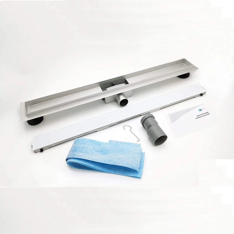 ELBE® Duschrinne Edelstahl, Weißglass, mit Siphon und Haarsieb, Geruchsstop, Bodenablauf flach, Komplettset mit Bodenbefestigung