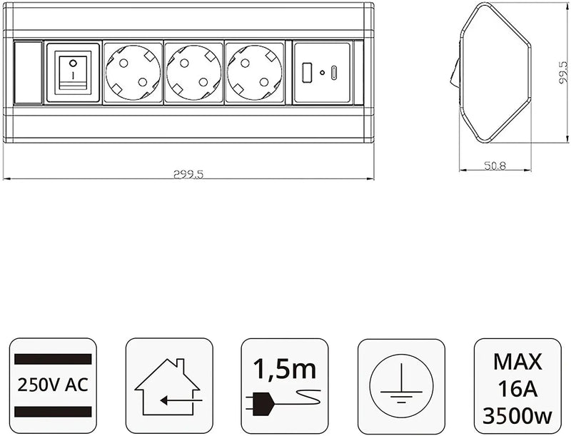 Elbe Inno Ecksteckdose mit Typ-A und einen Typ-C-USB-Ladeanschluss aus Aluminium - EL4603KU-AC
