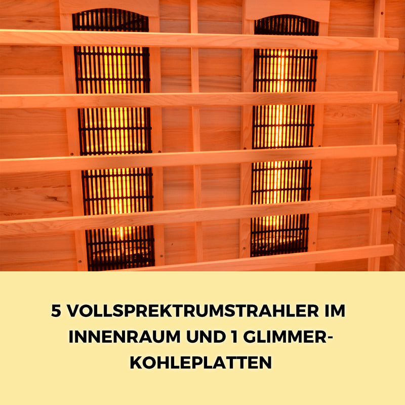 Elbe Infrarotkabine "Lappland" für 2 Personen aus Hemlockholz, 5 Vollspektrumstrahler, 1 Glimmerstrahler, Saunakabine mit Farblichtherapie, Ionisator und Audio System, Innensauna, Wärmekabine SA-2AK Elbe-Welt.de