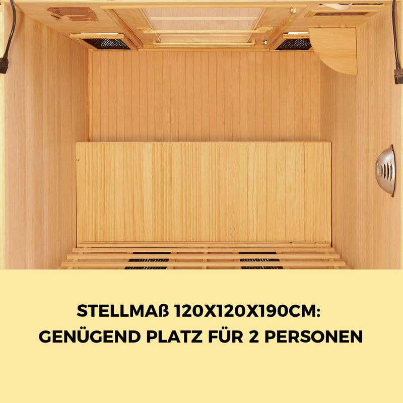 Elbe Infrarotkabine "Lappland" für 2 Personen aus Hemlockholz, 5 Vollspektrumstrahler, 1 Glimmerstrahler, Saunakabine mit Farblichtherapie, Ionisator und Audio System, Innensauna, Wärmekabine SA-2AK Elbe-Welt.de