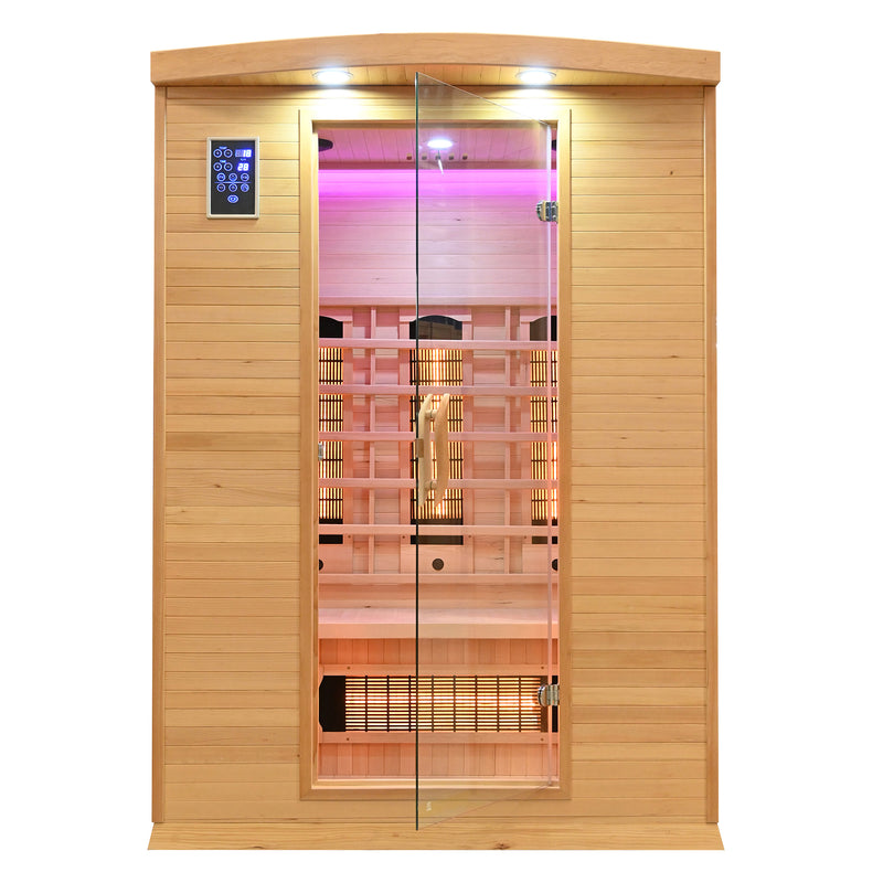 Elbe Infrarotkabine "Lappland" für 2 Personen aus Hemlockholz, 5 Vollspektrumstrahler, 1 Glimmerstrahler, Saunakabine mit Farblichtherapie, Ionisator und Audio System, Innensauna, Wärmekabine SA-2AK Elbe-Welt.de